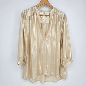 By Anthropologie women's shimmer gold  long sleeve drapey v-neck blouse top XL